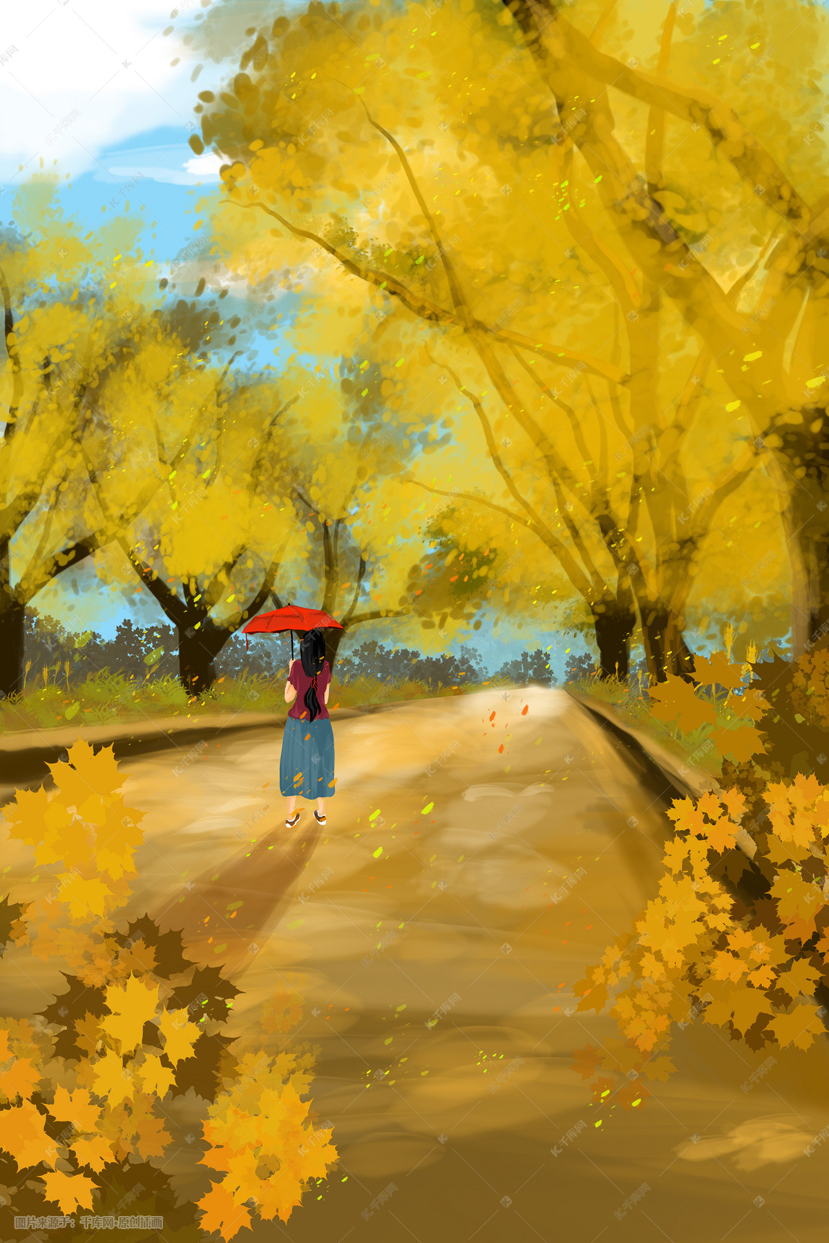 秋日林荫道漫步手绘插画