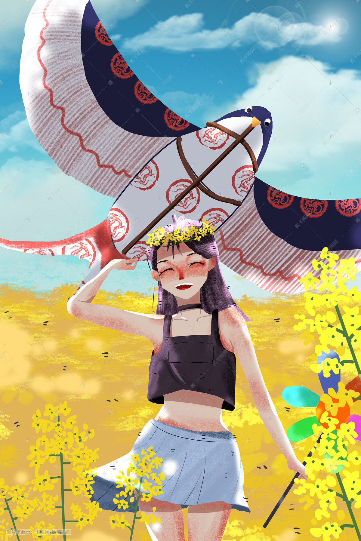 春天少女旅游风景油菜花节放风筝少女插画
