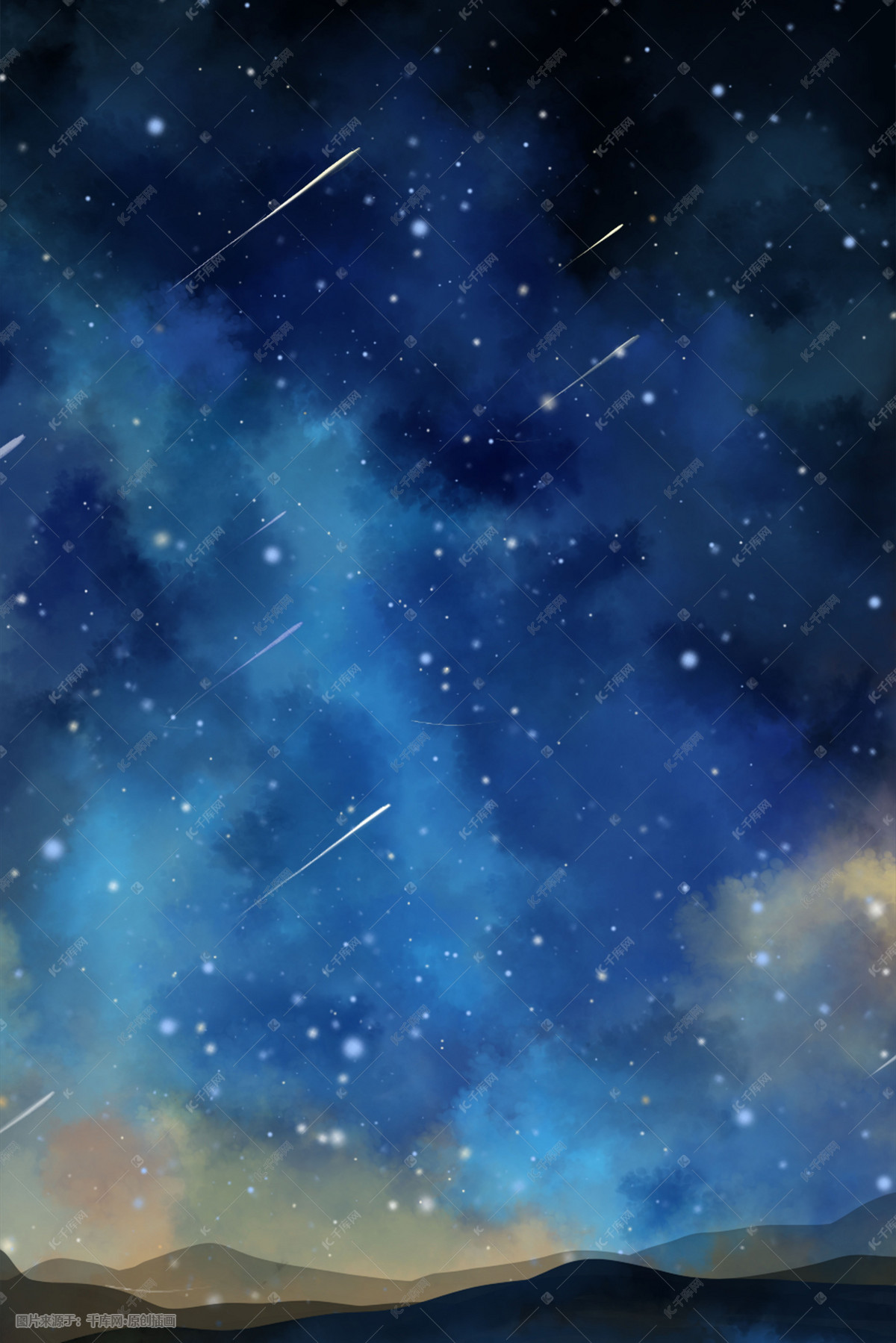 唯美治愈夜晚星空星星银河蓝色背景插画图片-千库网