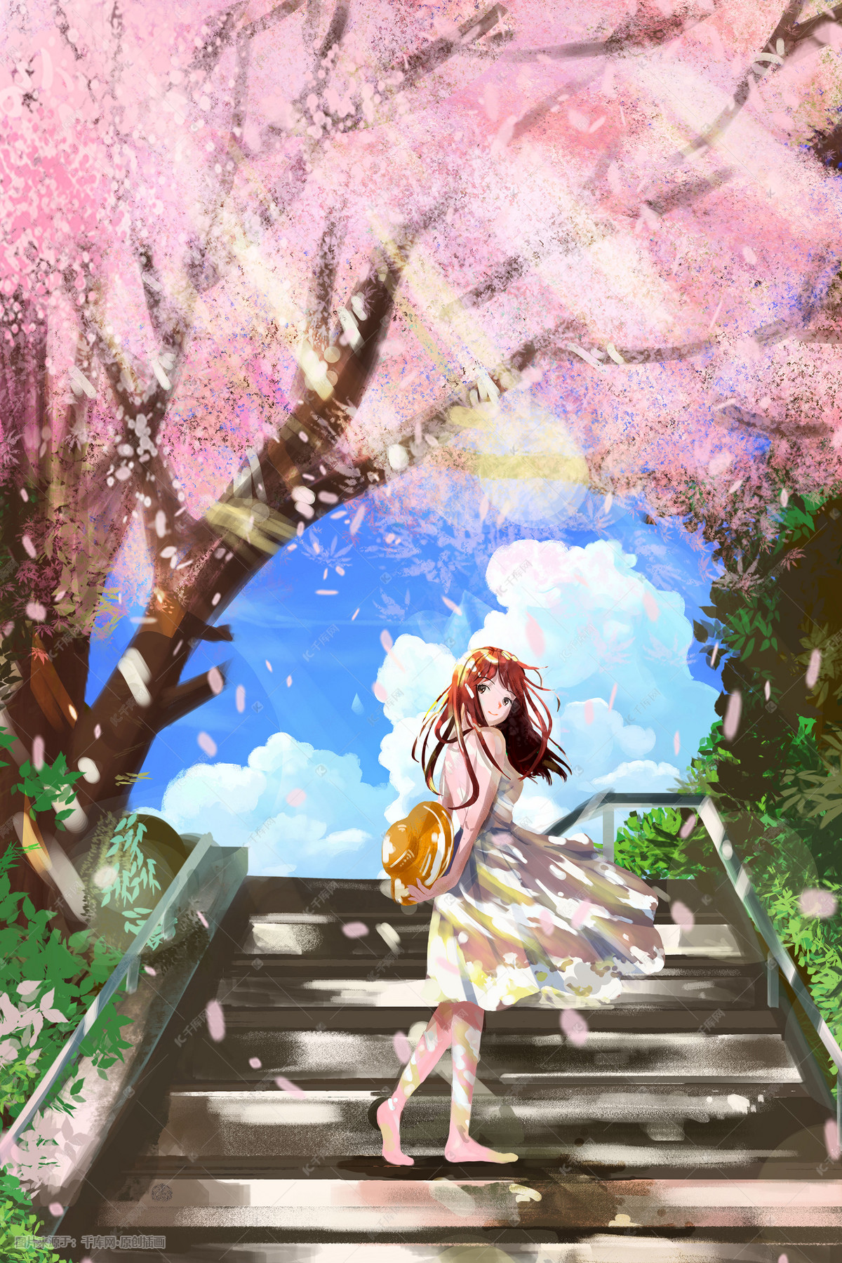 夏至春天六月你好日系花与少女樱花治愈唯美插画图片-千库网