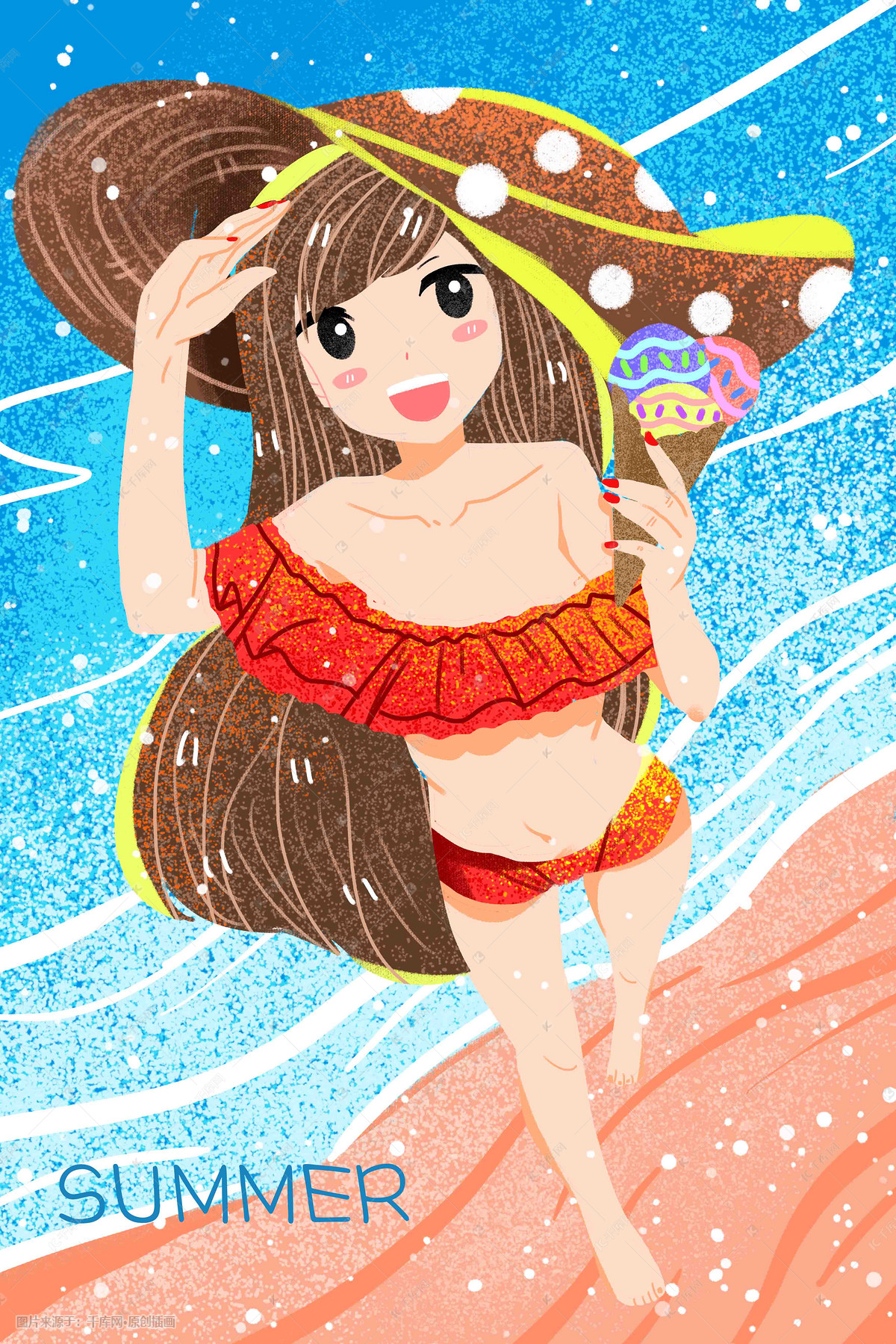 立夏夏天海边沙滩清凉少女手绘风格插画