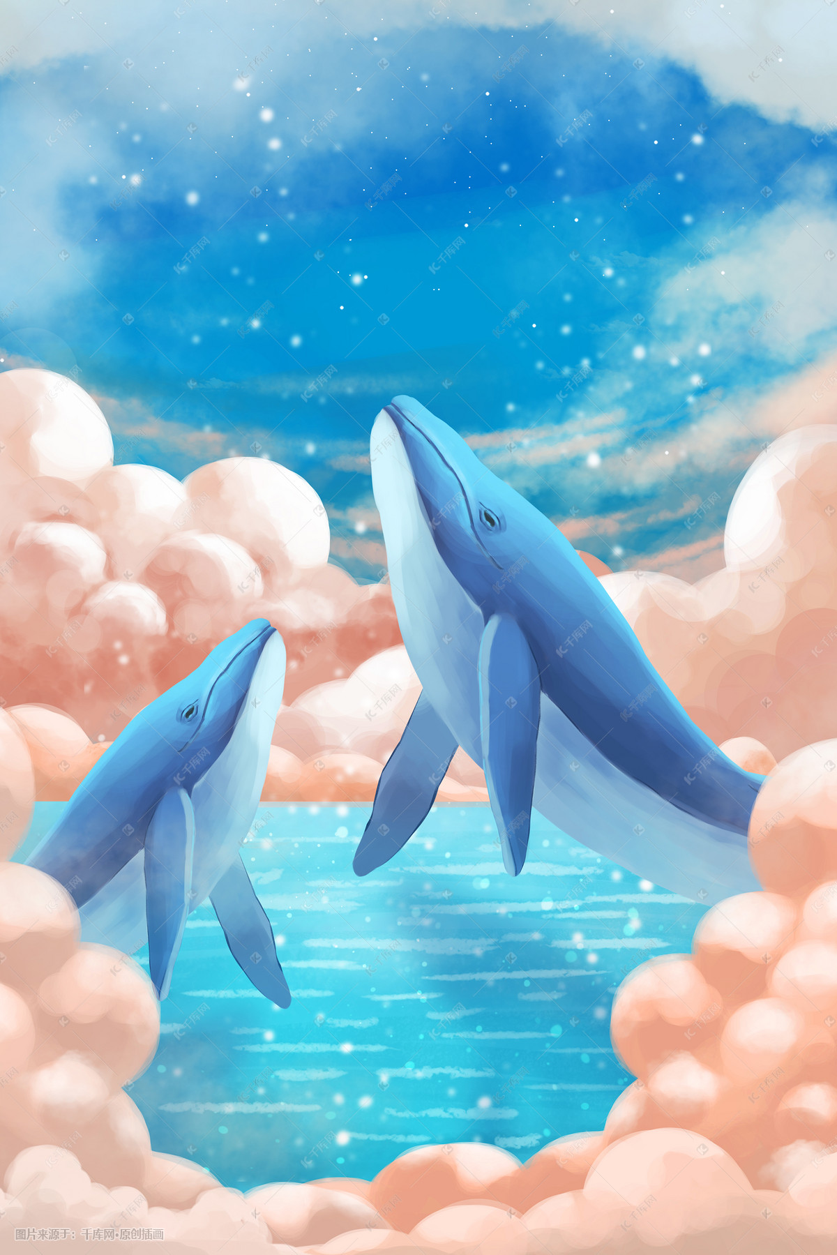 治愈系海上云中鲸鱼插画图片-千库网