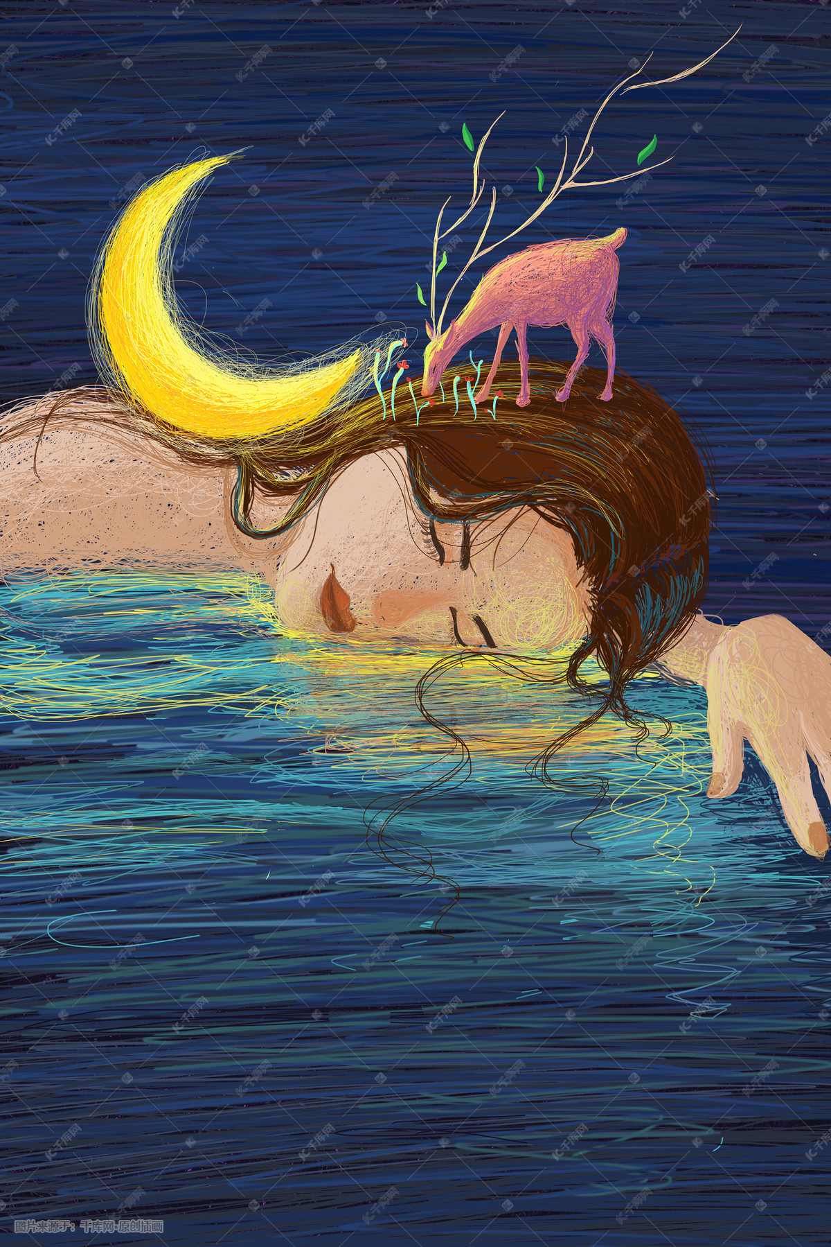 线圈唯美少女麋鹿月亮手绘治愈插画