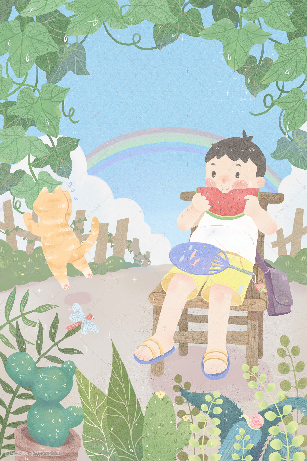 夏天水彩风立夏吃西瓜乘凉
