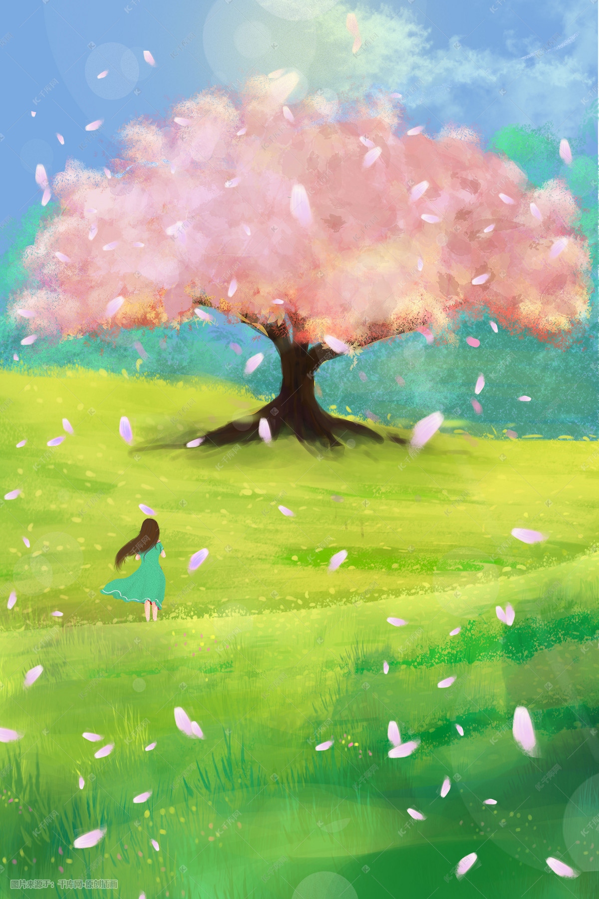 樱花夏景春天唯美治愈通用场景少女草坪