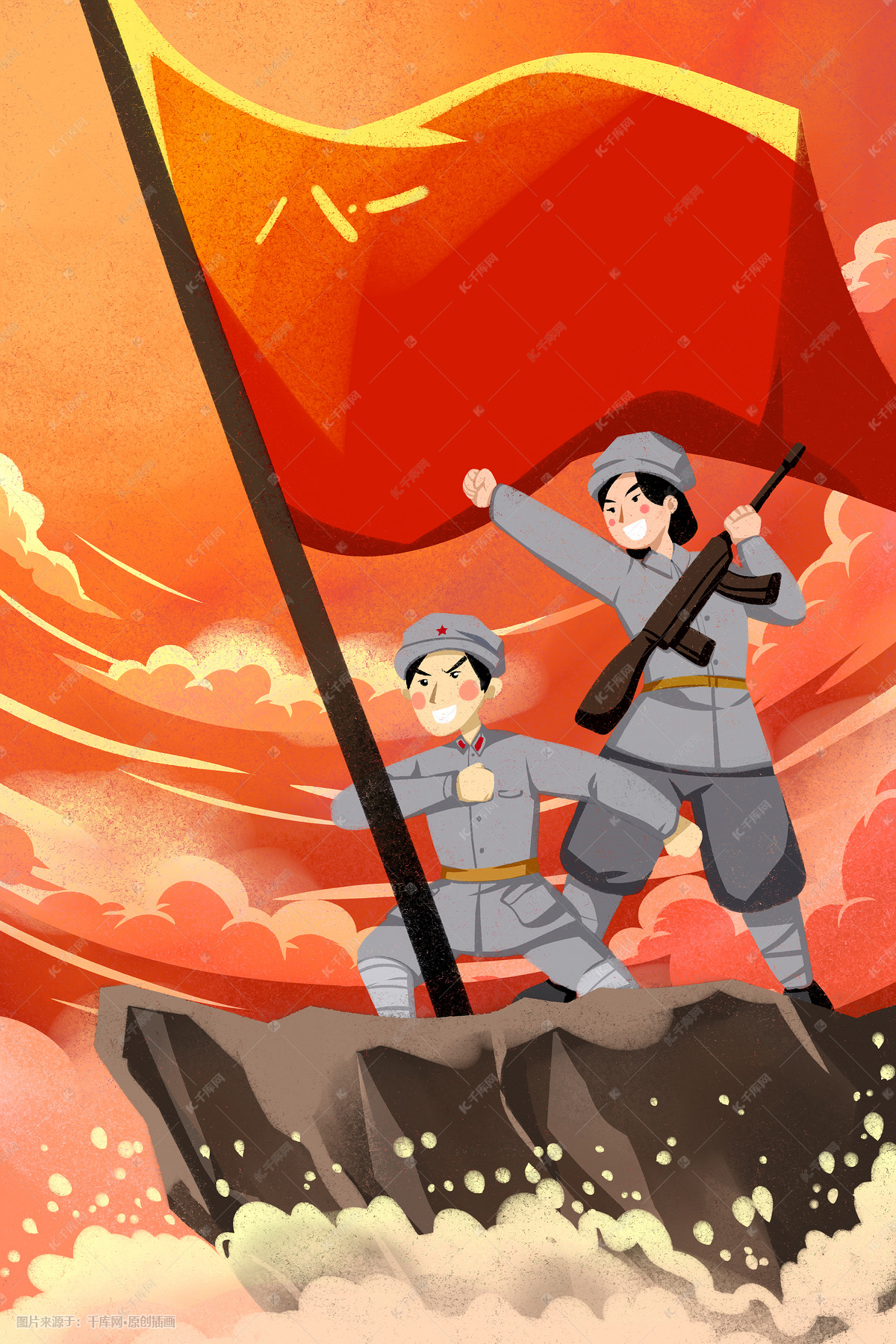 红色系卡通手绘风建军节配图插画图片-千库网