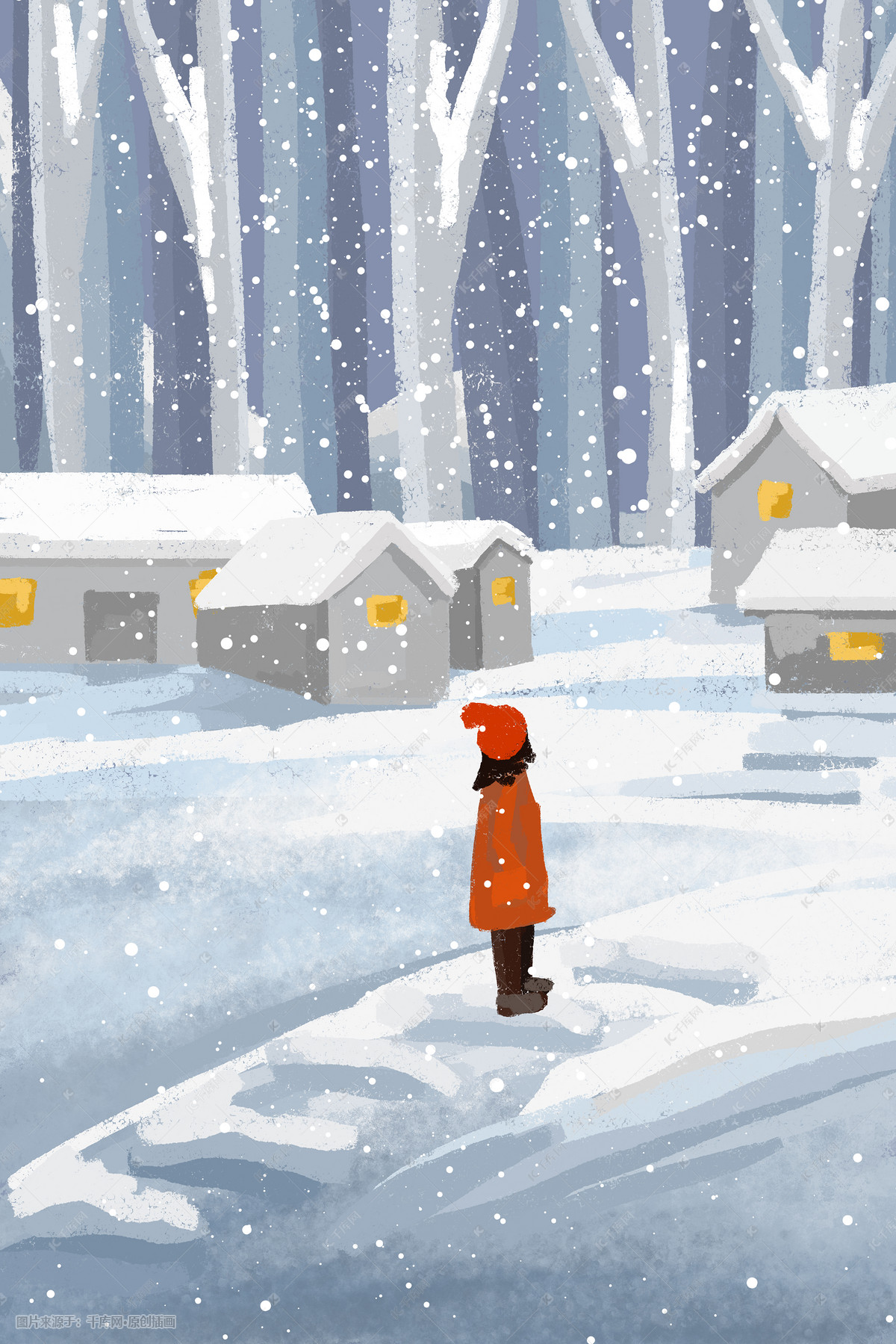 手绘雪地的村庄风景插画图片-千库网