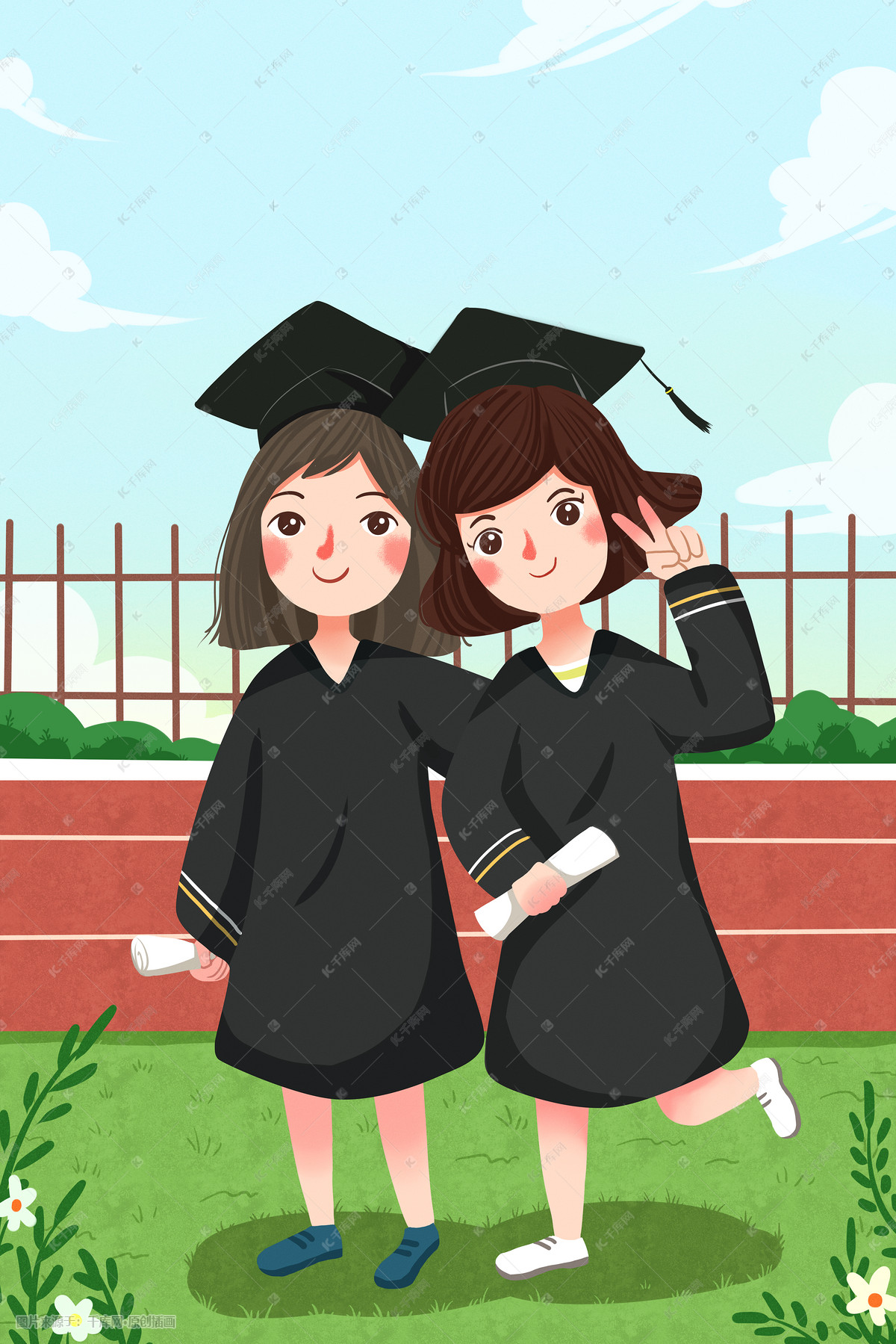 穿学士服拍毕业照插画图片-千库网