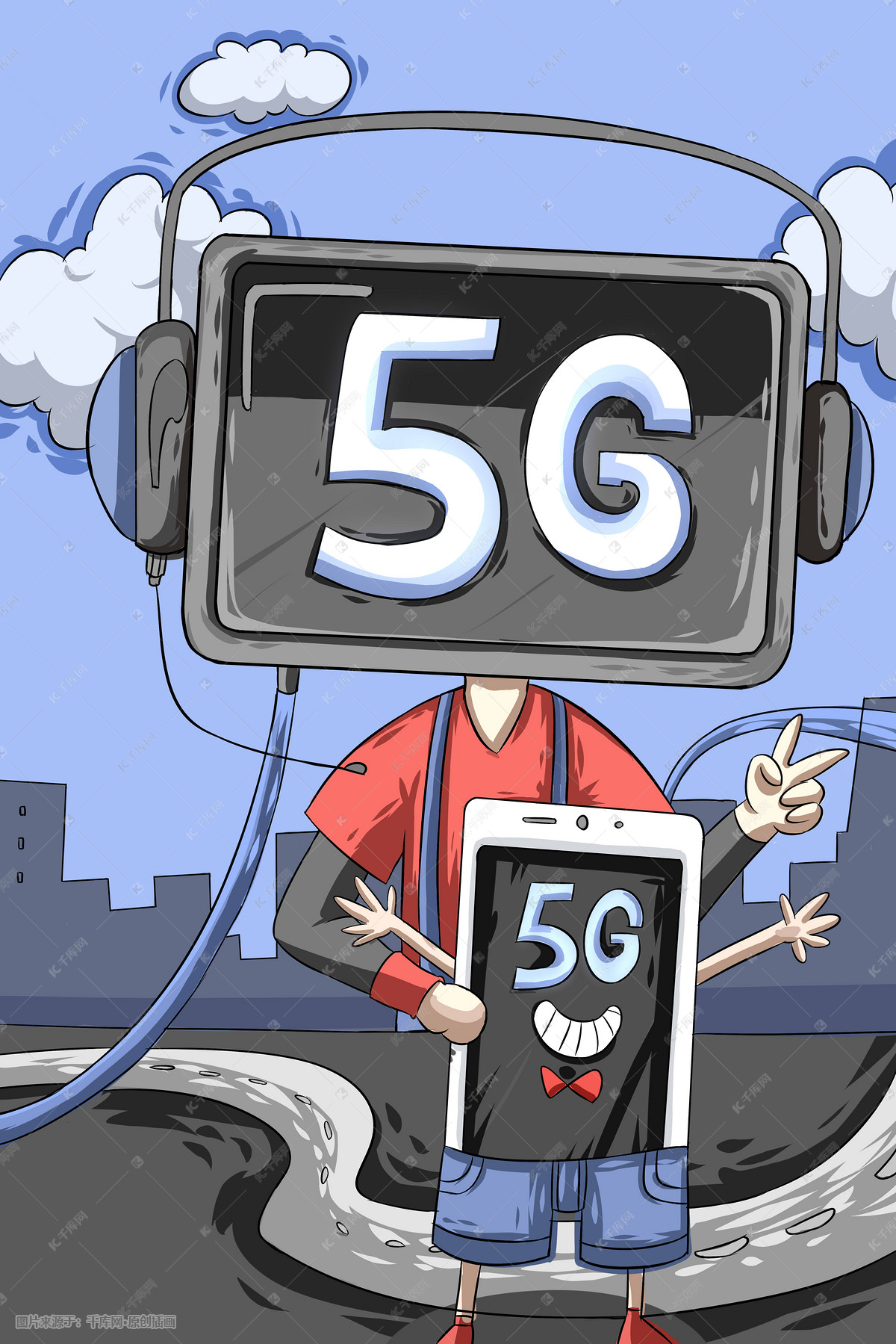 蓝色系卡通手绘风互联网科技5g配图