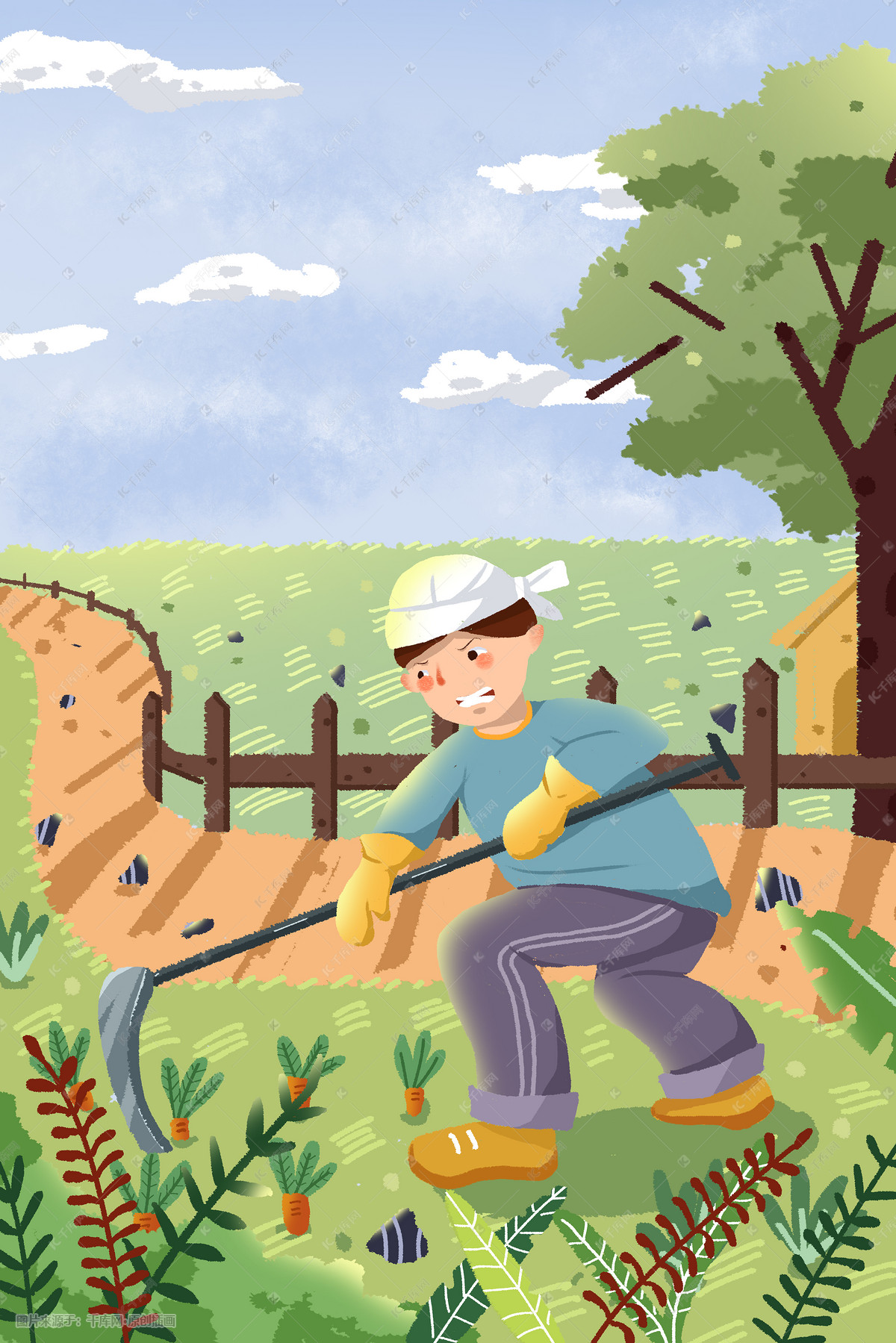 51劳动节青年劳动播种田野风景卡通插画图片-千库网