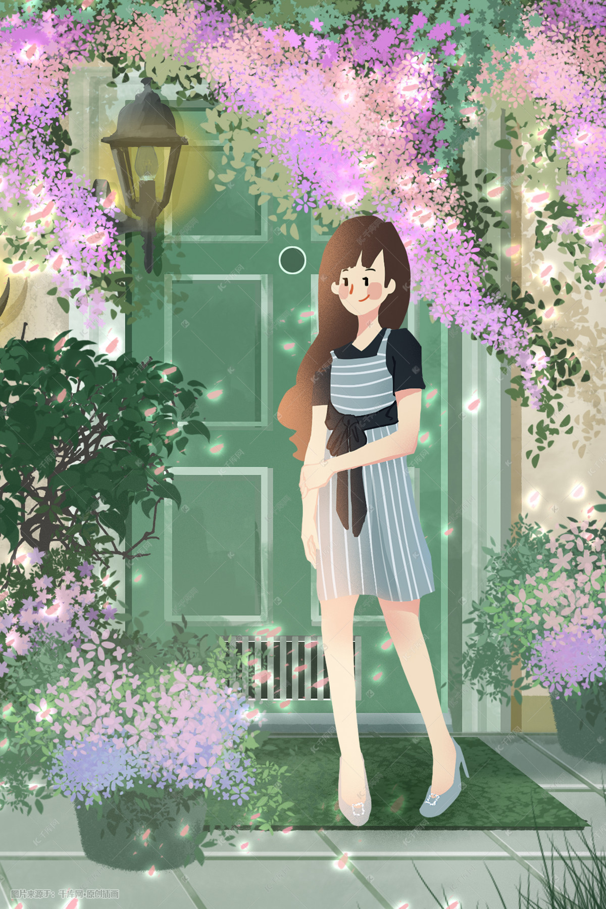 夏天赏花唯美紫罗兰插画图片-千库网