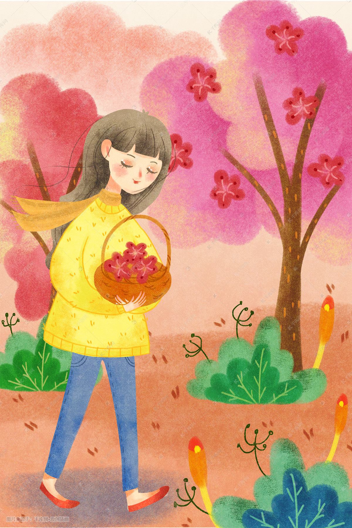 桃花节赏花女孩插画
