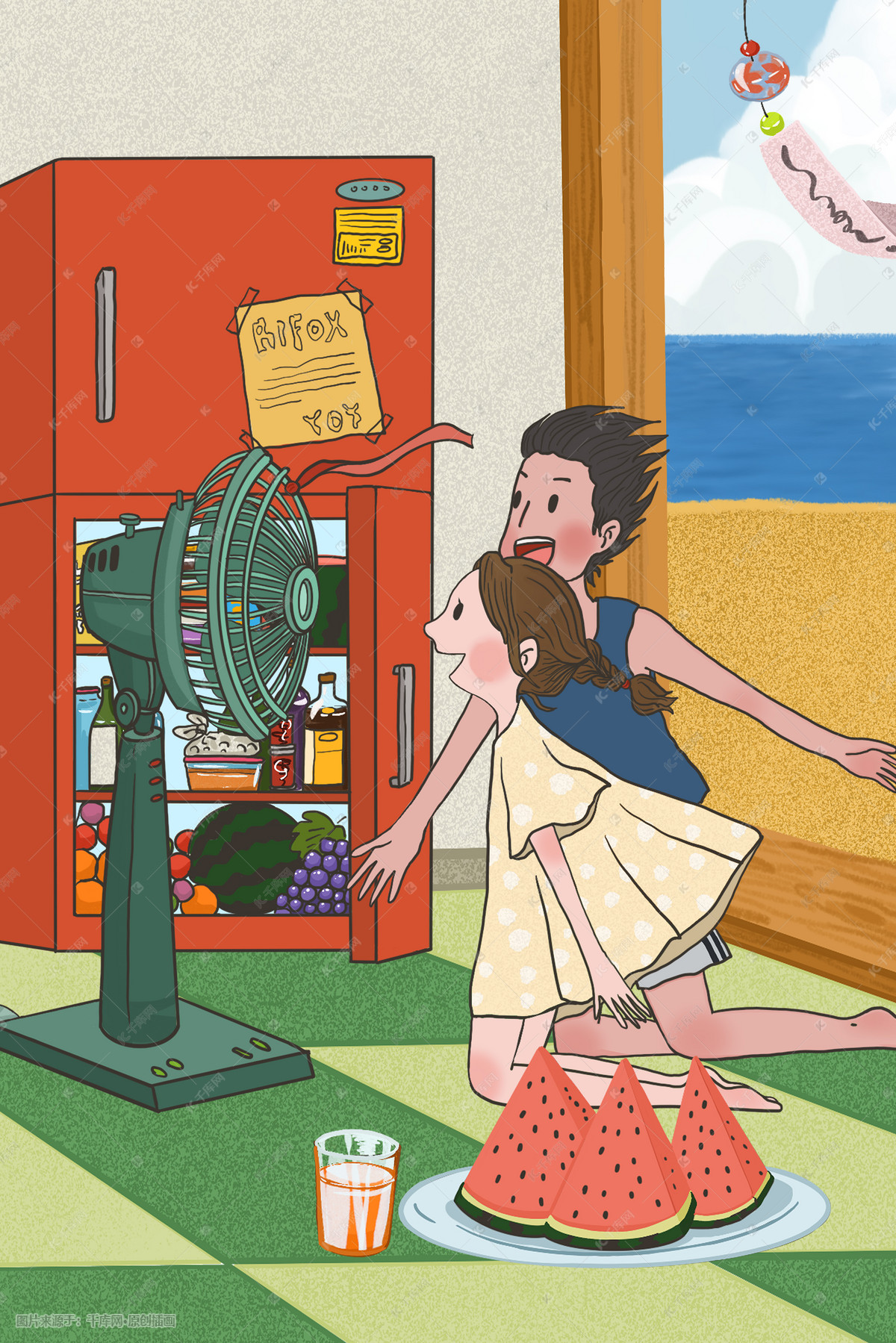 90年代夏天吹风扇的儿童童年冰箱海复古漫画背景插画图片-千库网