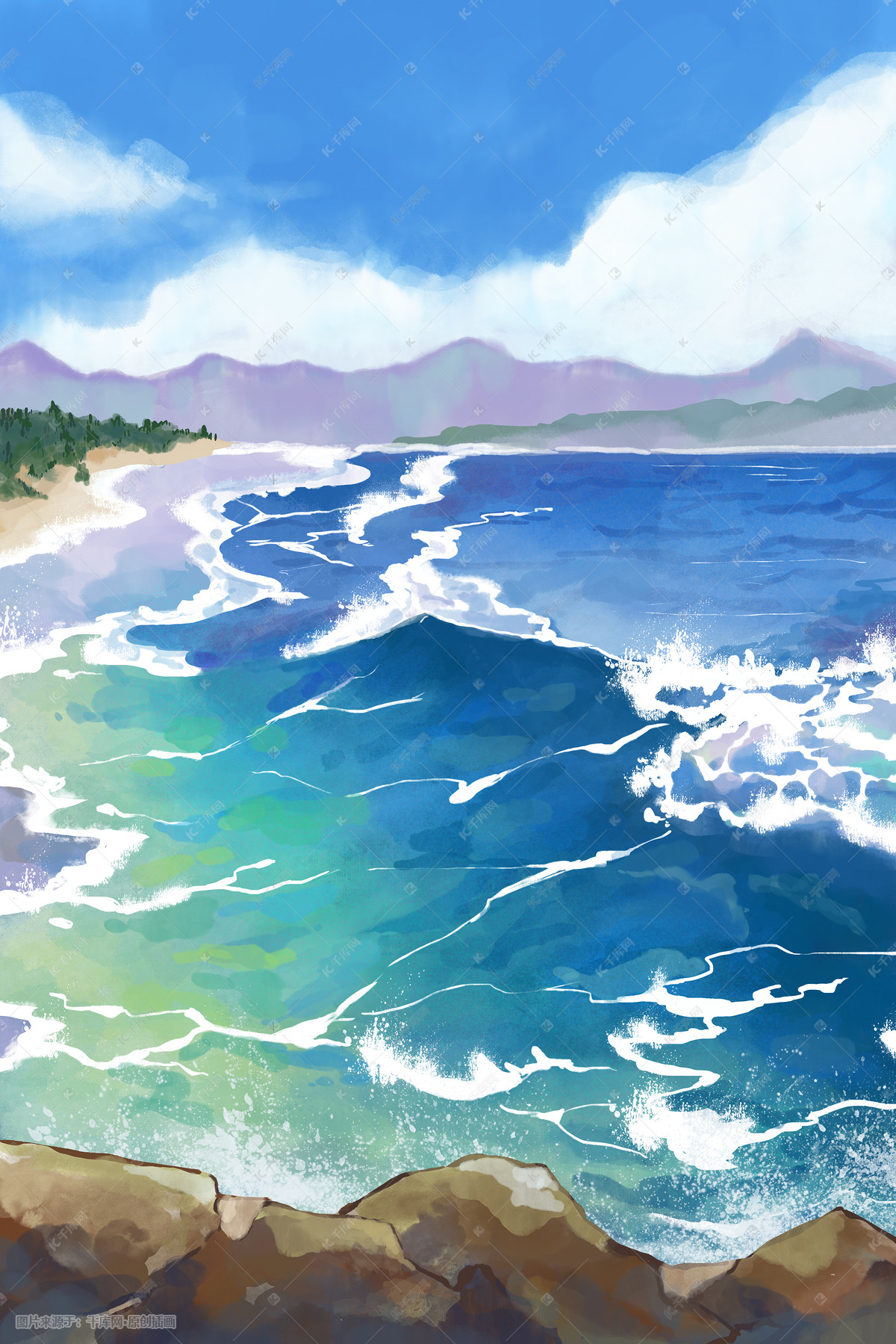 海边海浪水彩风景插画图片-千库网