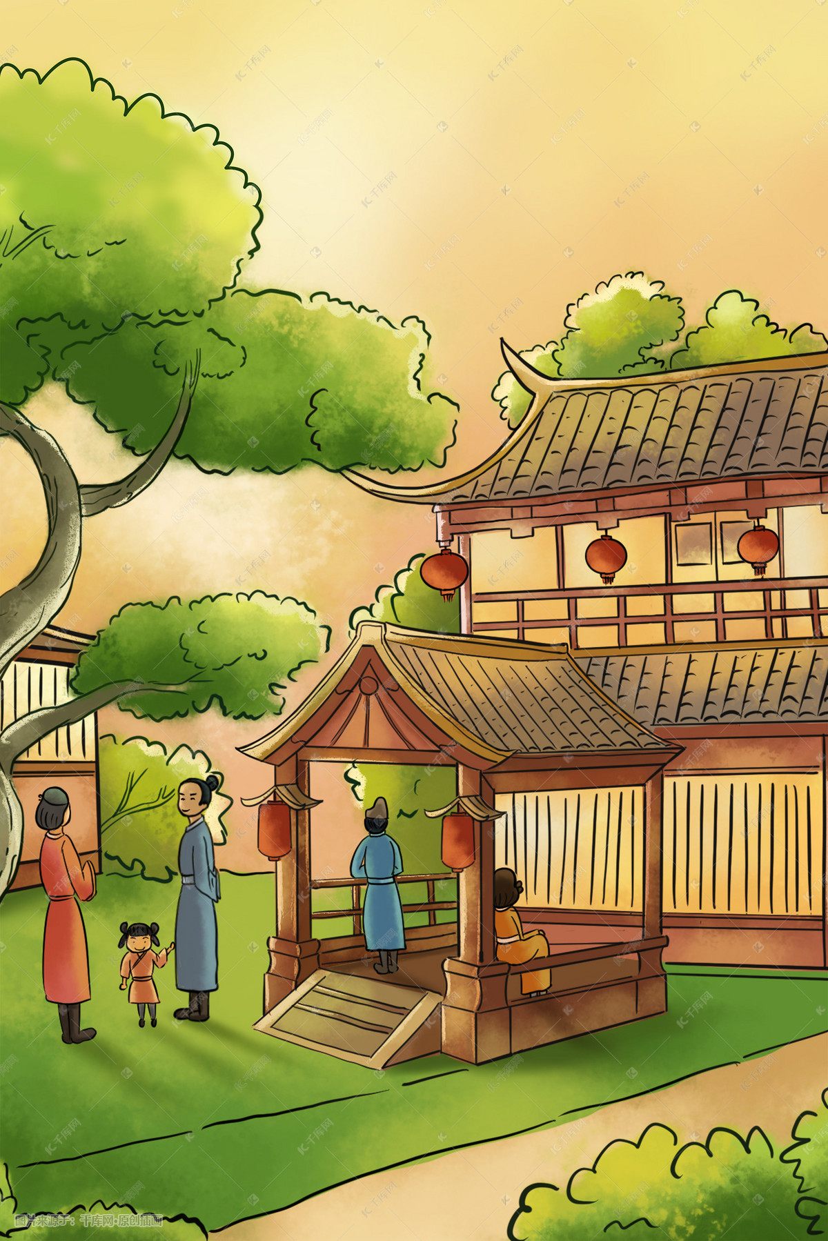 新中国风古代建筑庭院赏玩插画图片-千库网