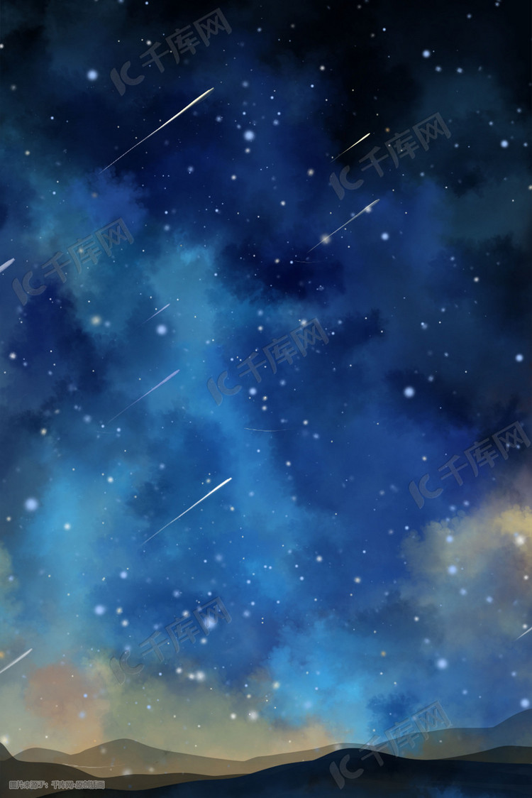 深蓝色唯美卡通手绘夜晚星空星辰星风景配图