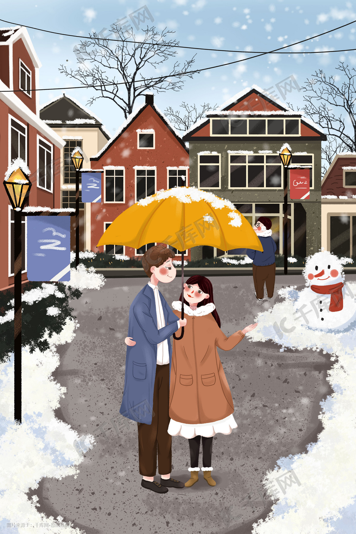 冬季情侣大雪中漫步插画图片下载-正版图片400085953-摄图网