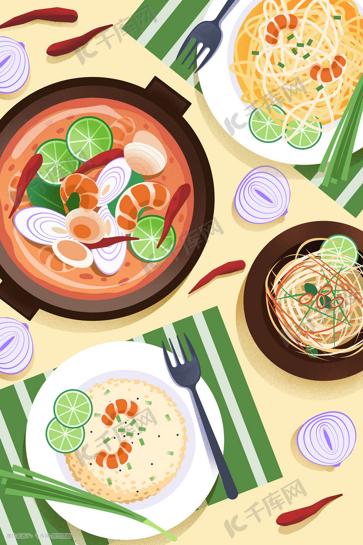 美食插画泰国菜肴海报背景