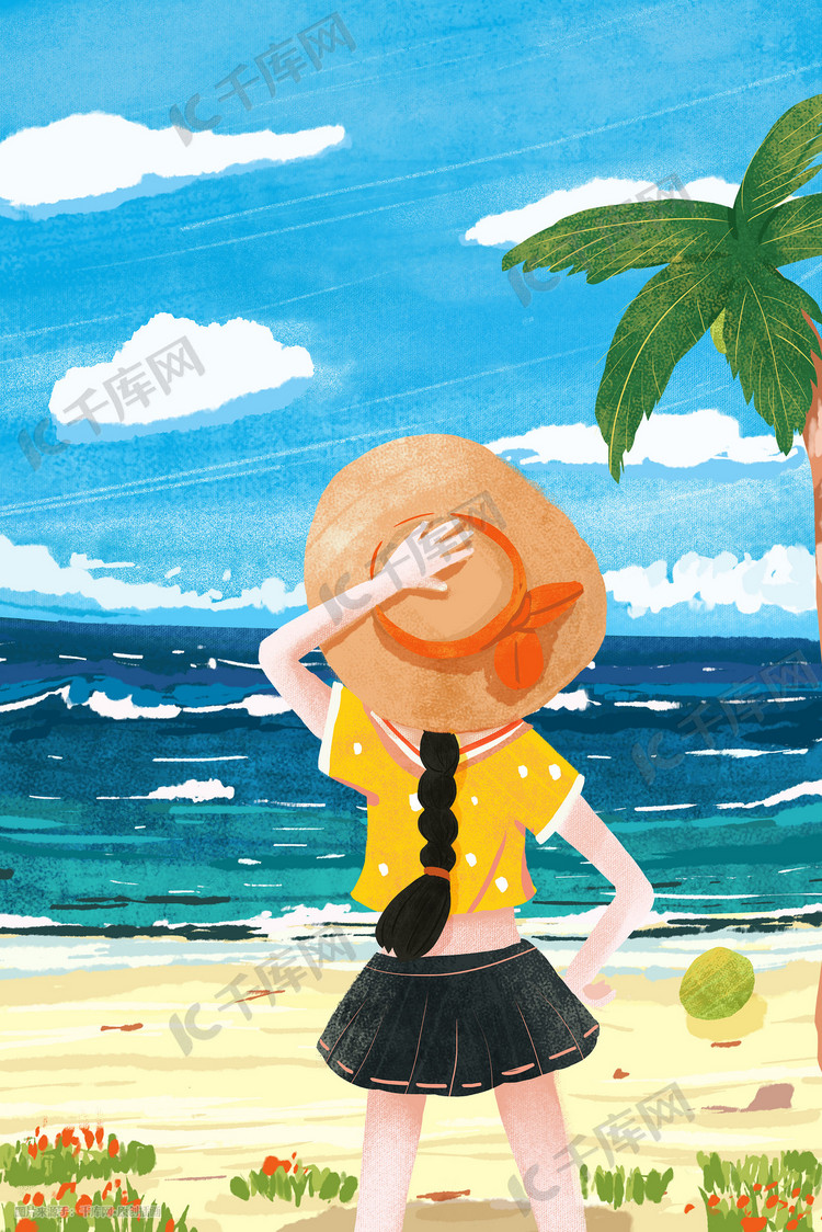 夏日晴空女孩去海边游泳插画图片-千库网