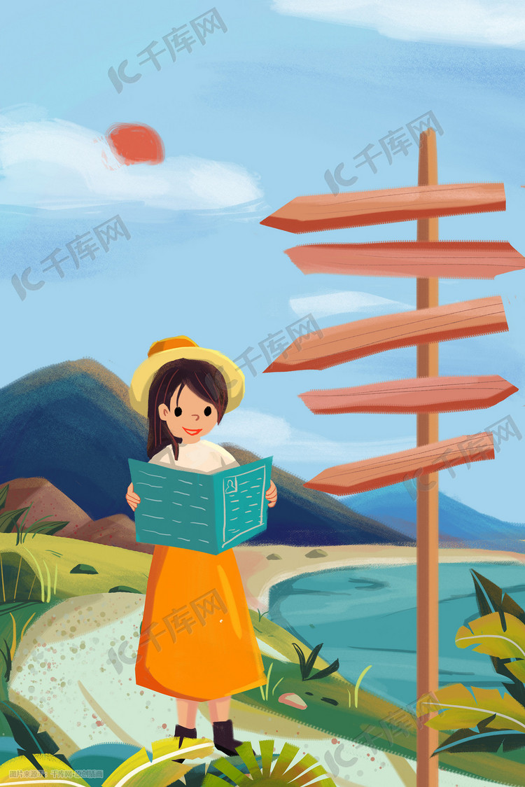 4月你好旅游踏青春天少女卡通风景插画