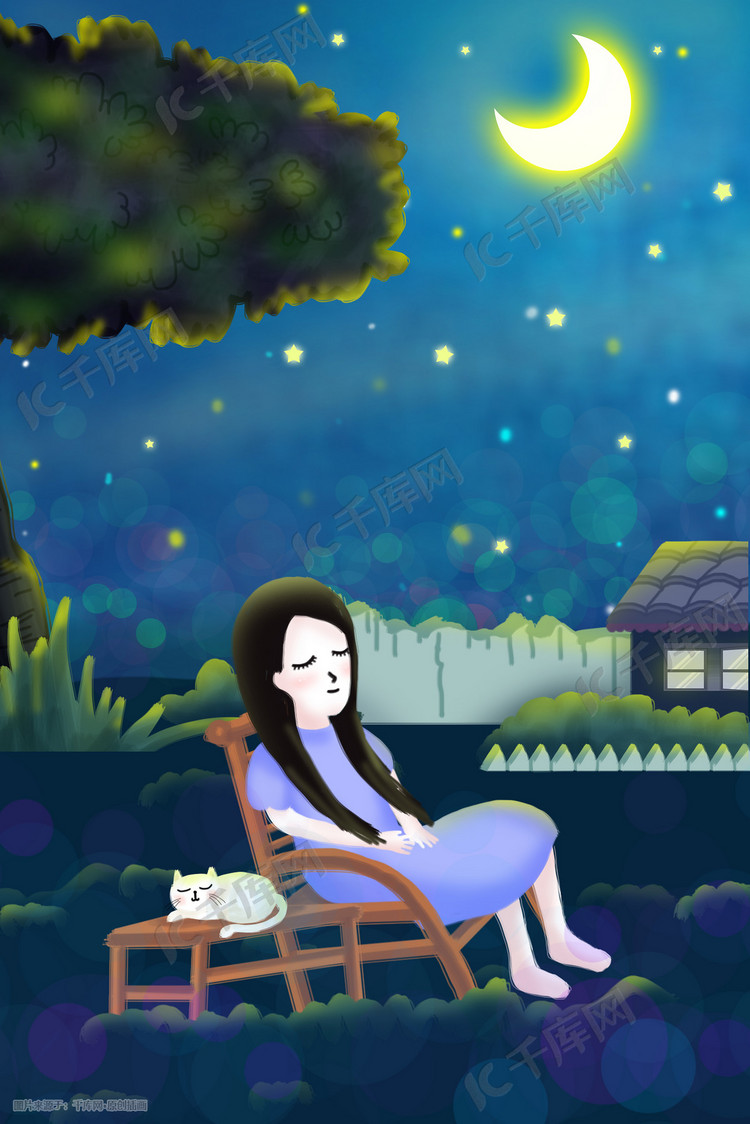 仲夏夜夏季星空月亮女孩白猫乘凉手绘插画