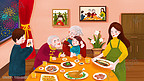 新年春节过年主题全家一起吃团圆饭手绘横图