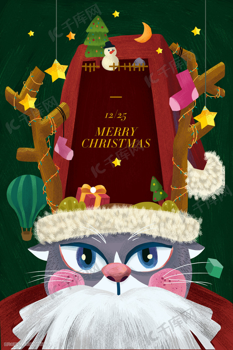 圣诞节红绿色系圣诞帽猫扁平风儿童插画圣诞