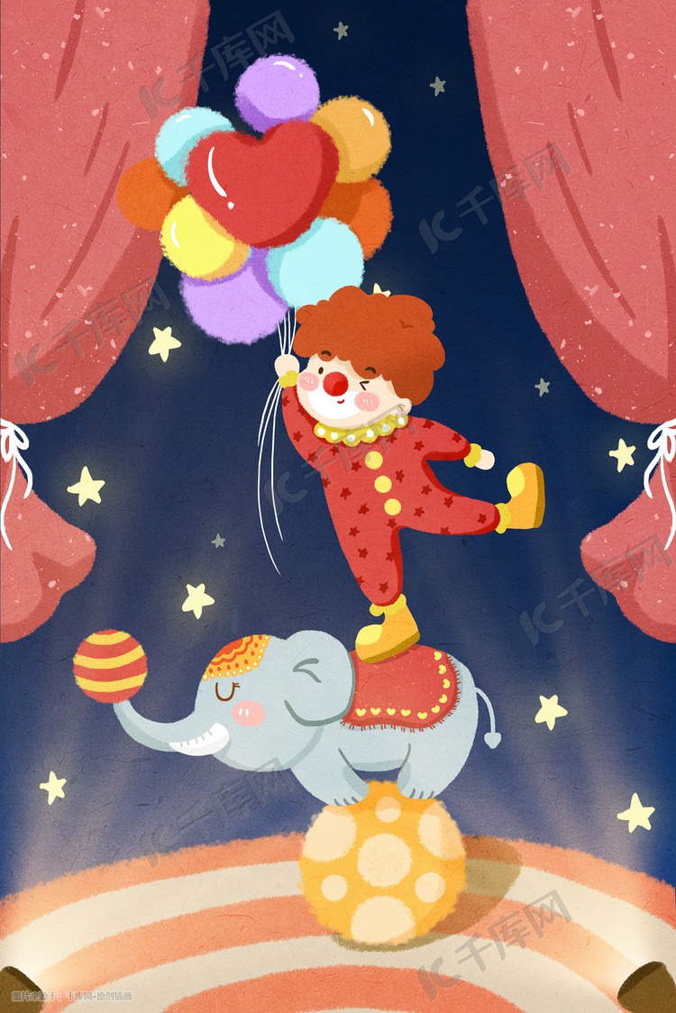 愚人节小丑气球大象马戏团小清新插画