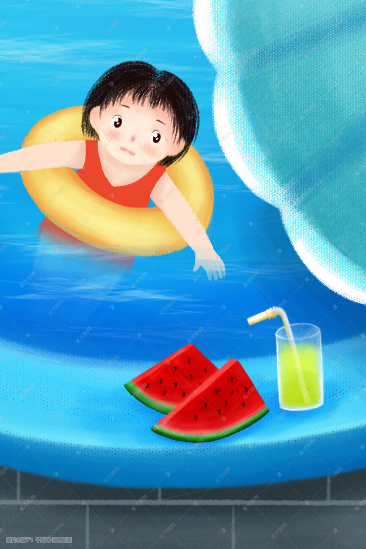 手绘小孩盛夏游泳池游泳插画