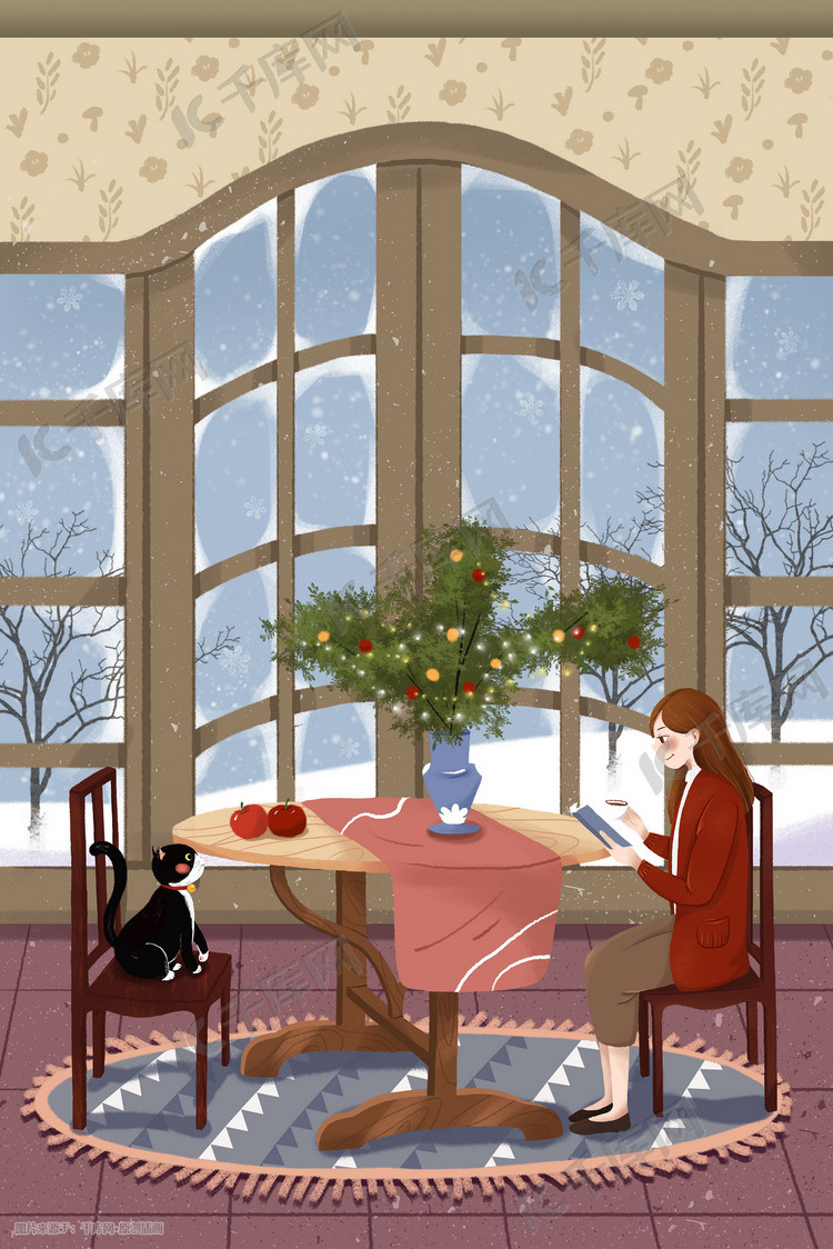 手绘冬季窗前的文艺女青年和猫咪插画