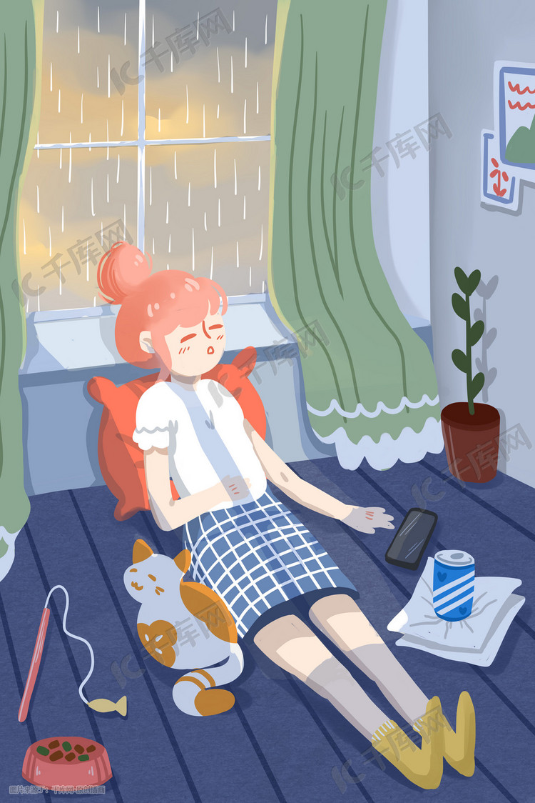 下雨天恬谧少女与猫插画