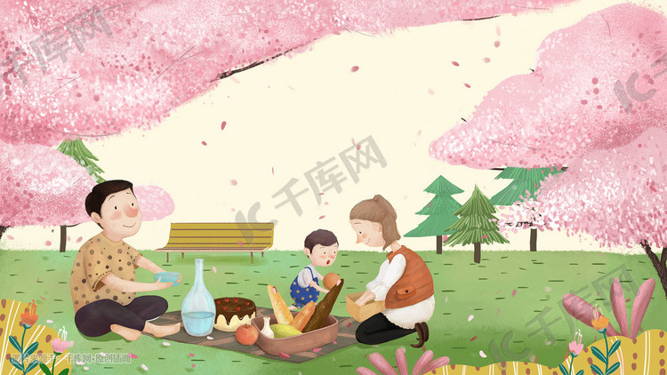 春天樱花树下温馨的野餐