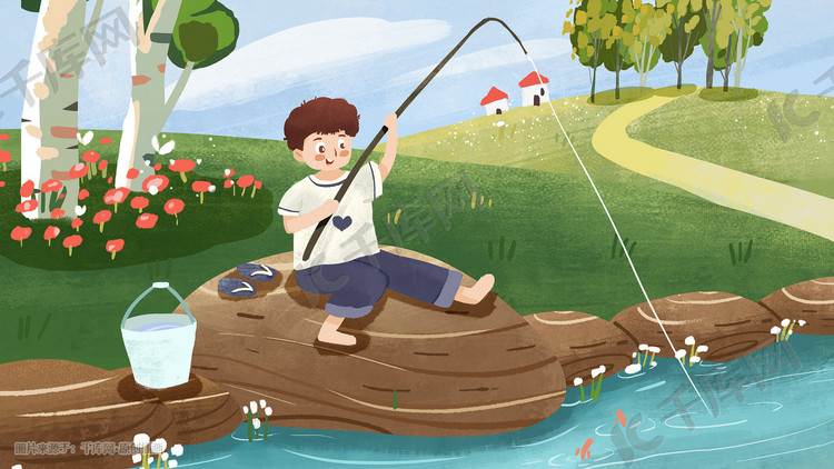 小男孩春游在河边钓鱼小清新