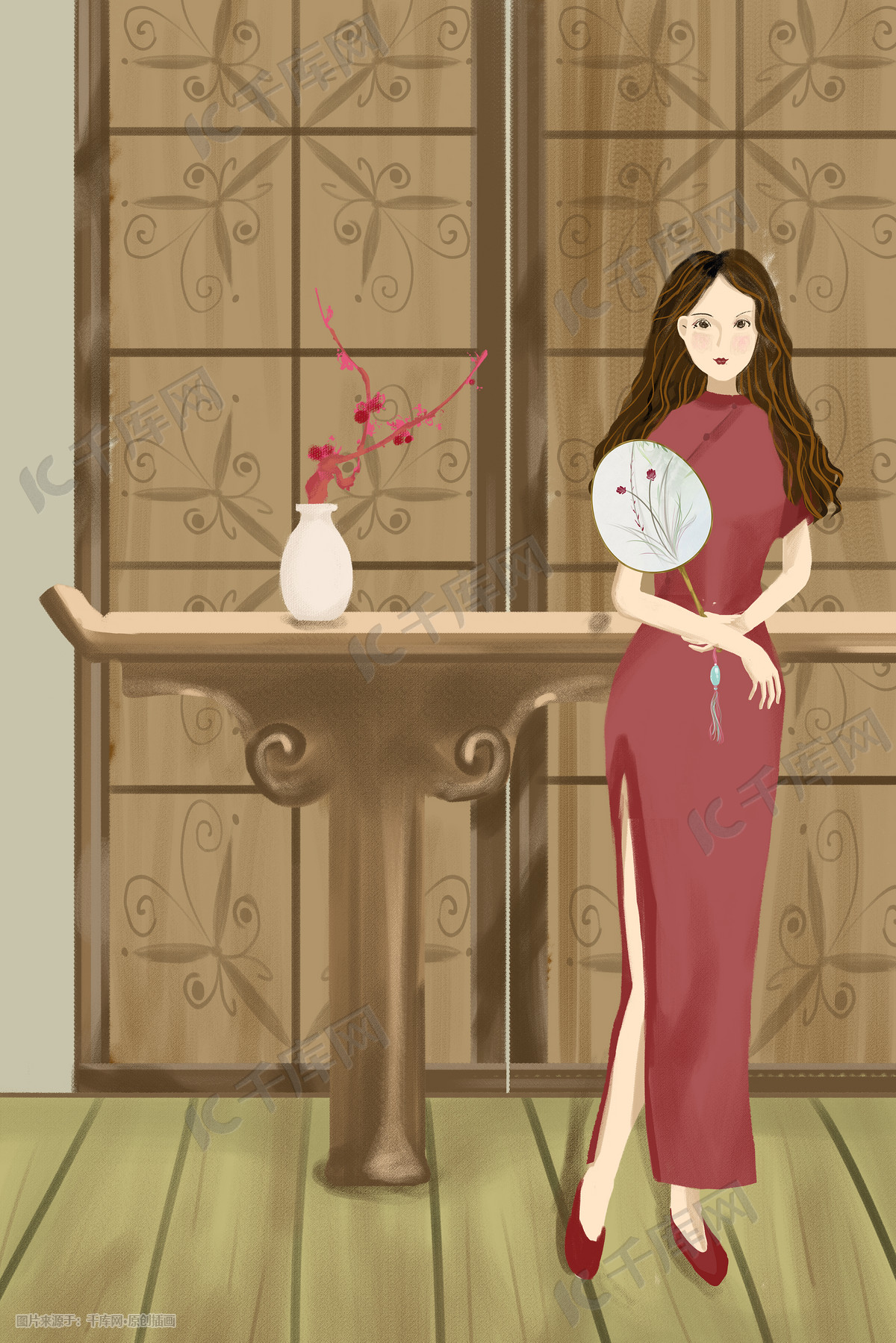 复古风民国女子手绘插画图片 千库网 插画id