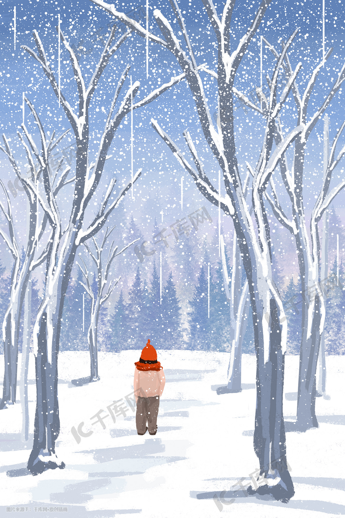 四季水墨风景冬季雪景山水画手绘素材插画图片-千库网