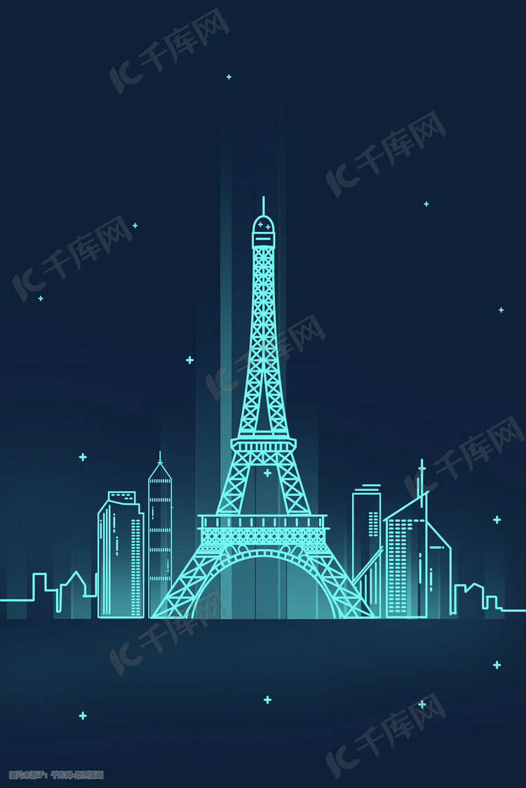 扁平线条法国巴黎埃菲尔铁塔城市夜景