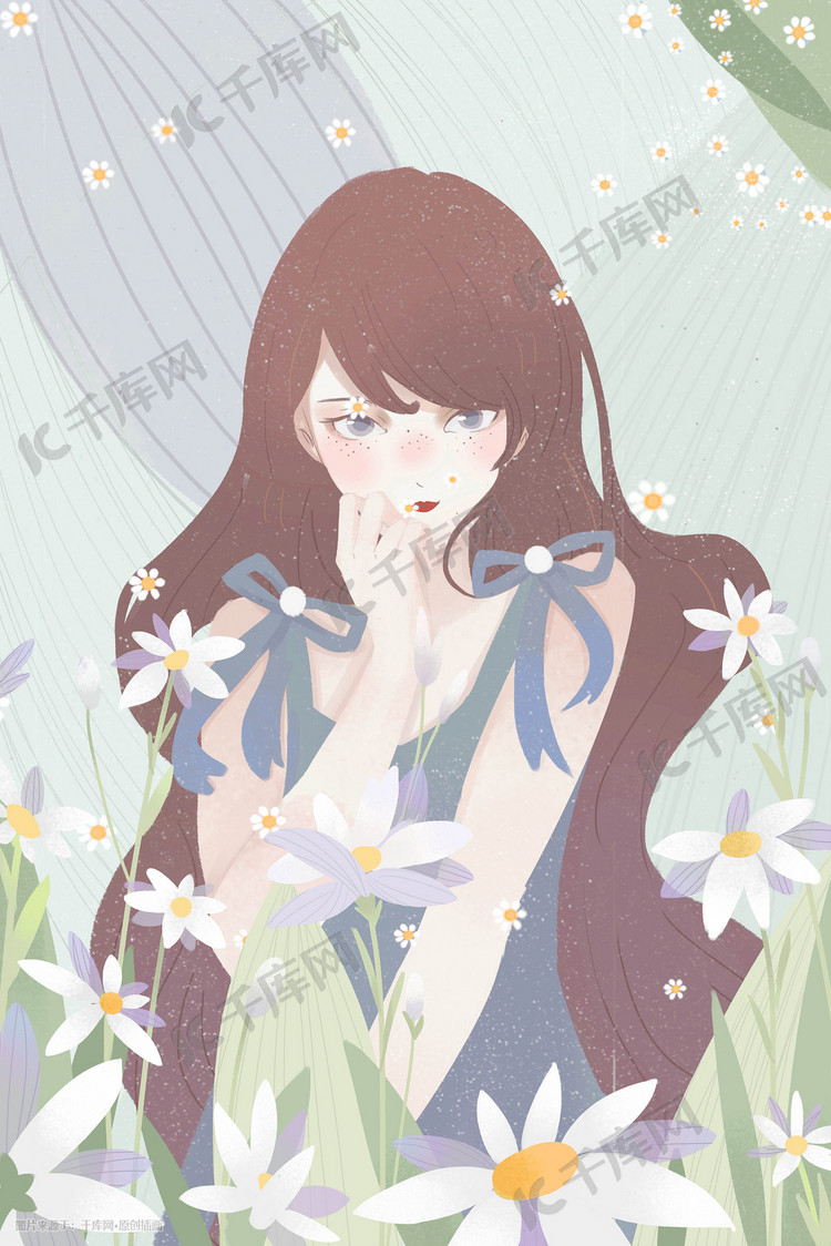 小清新唯美花季鲜花少女手绘风格插画