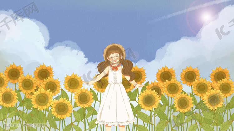 向日葵夏日女孩蓝天白云清新治愈可爱手绘风插画图片-千库网