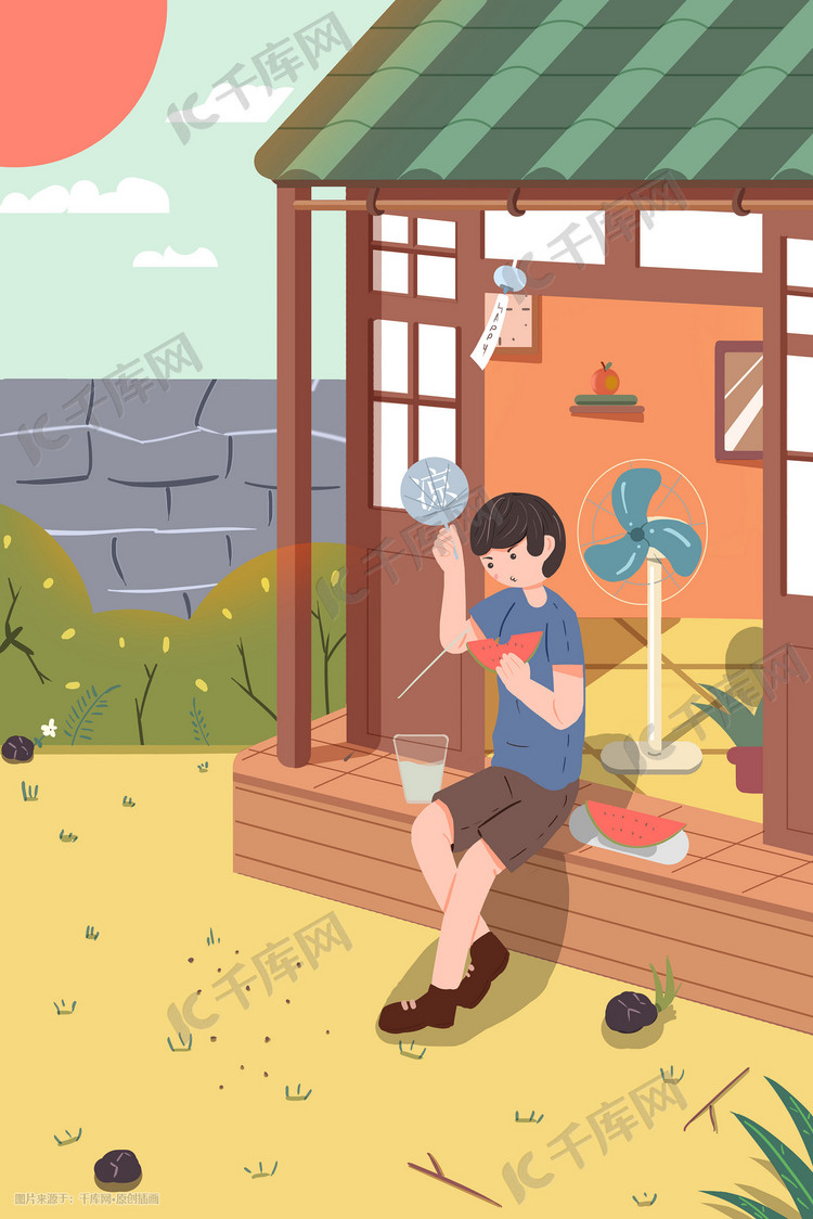 24节气立夏夏季夏天男孩太阳风景卡通插画