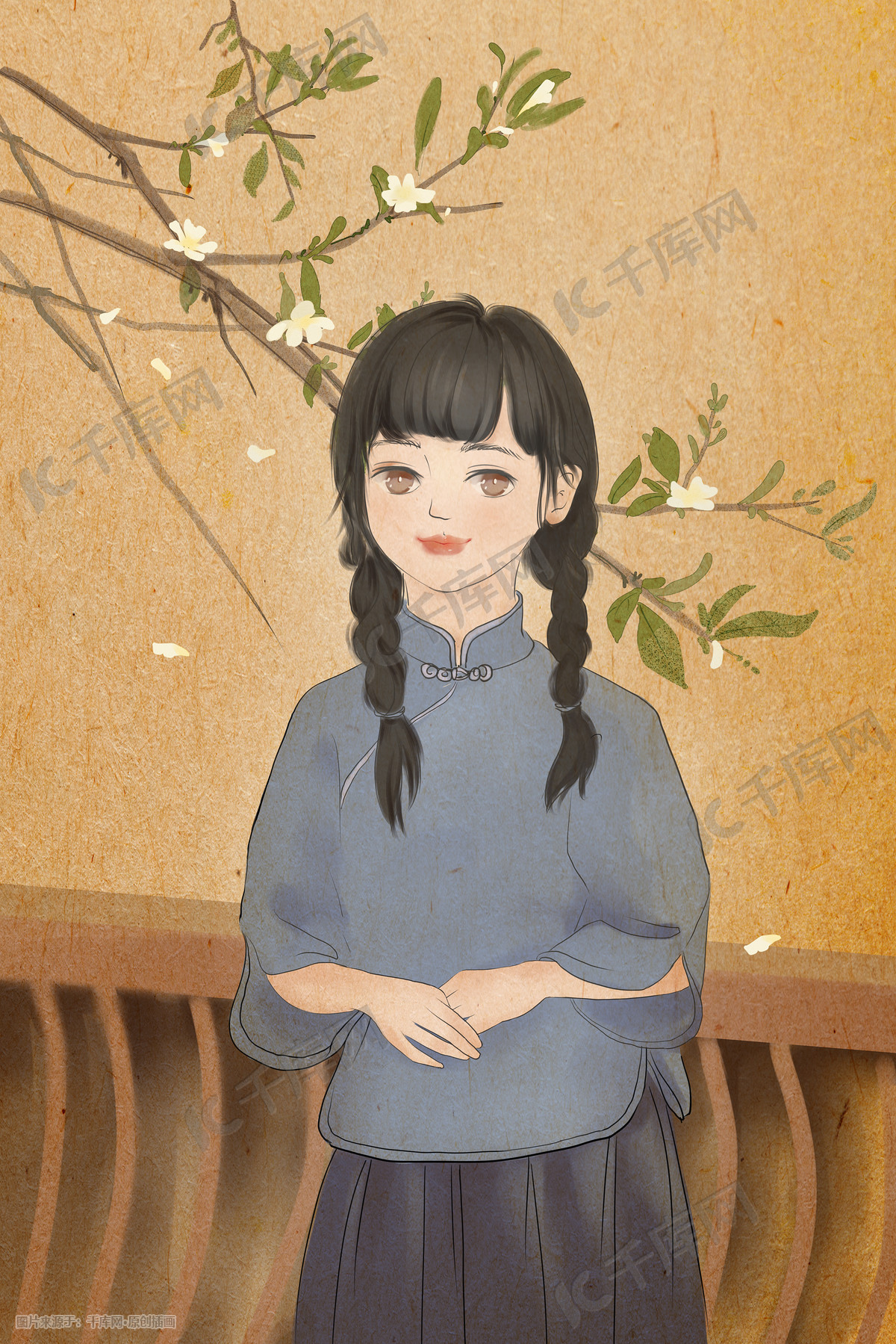 复古学生女孩民国风手绘插画