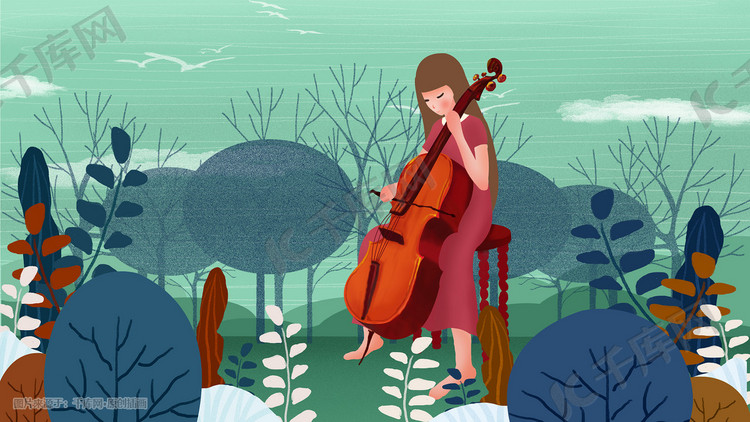 丛林演奏大提琴的少女插画
