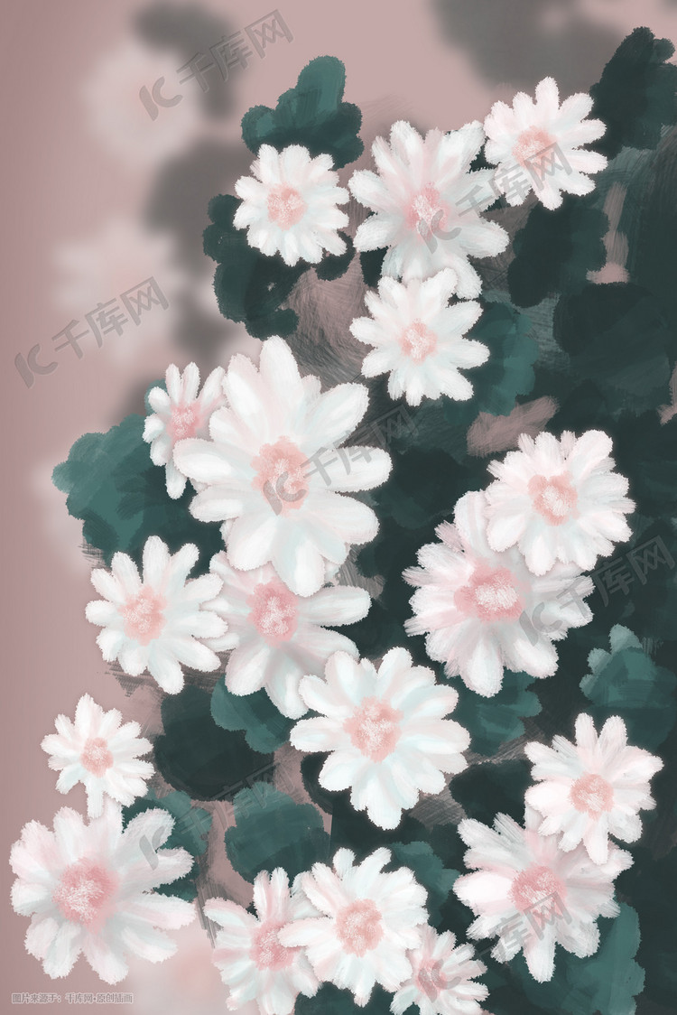 花卉植物白色花朵绿叶手绘插画psd
