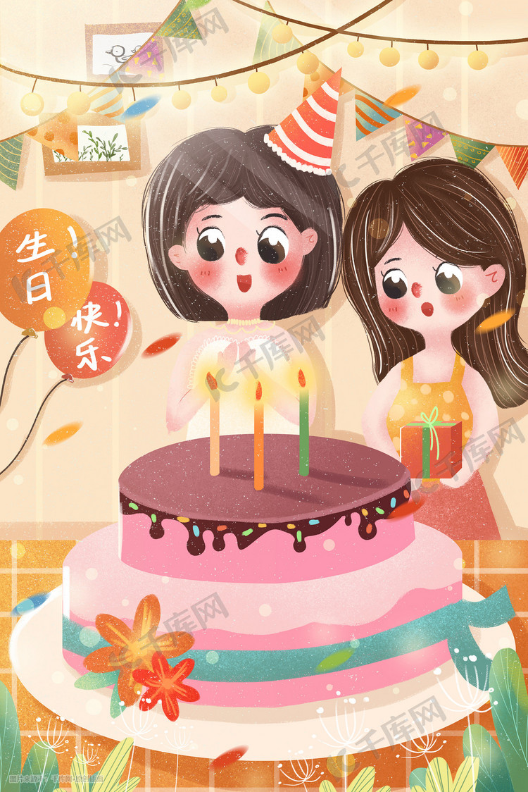 小清新女孩许愿吃蛋糕过生日