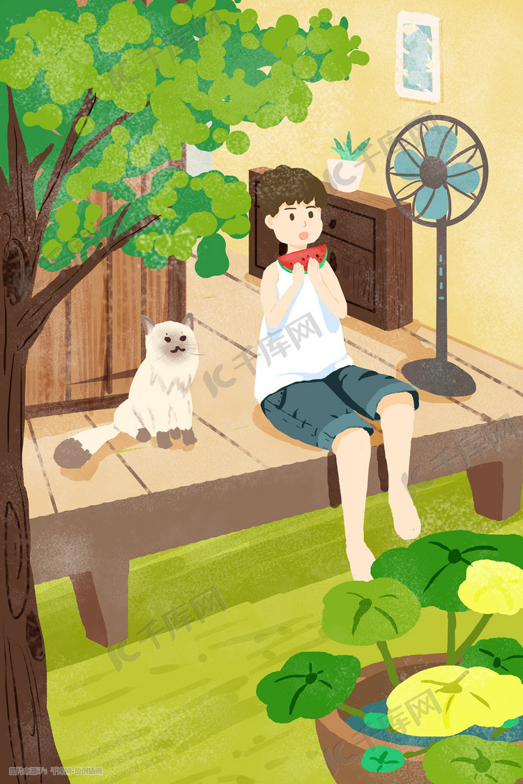 立夏夏季夏天少女吃吃瓜乘凉卡通插画