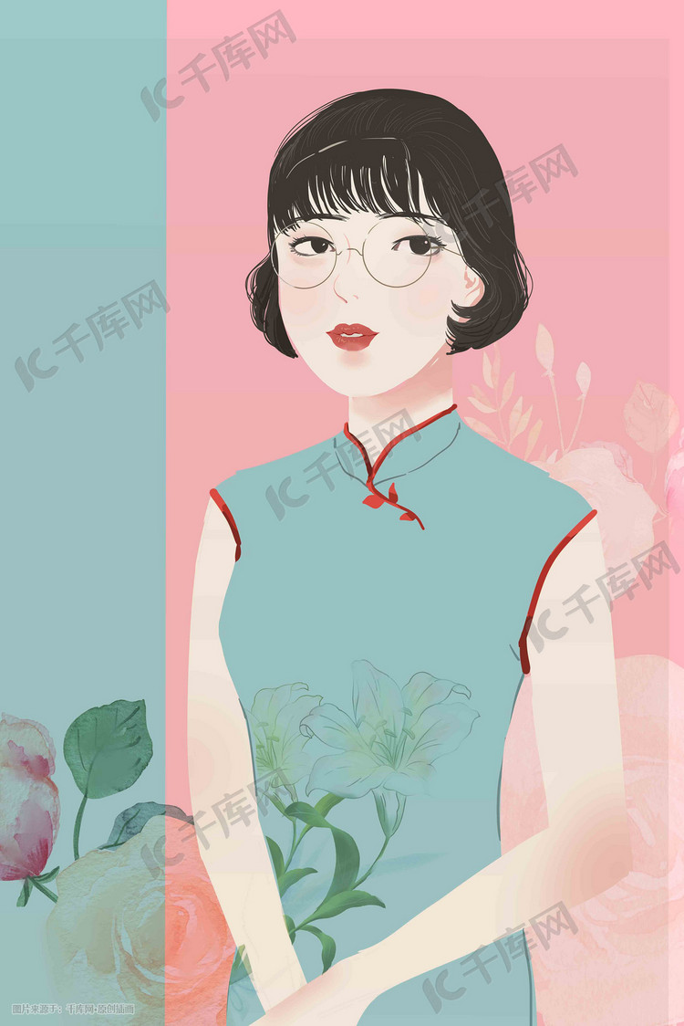 清新民国风格唯美少女彩色手绘风格插画