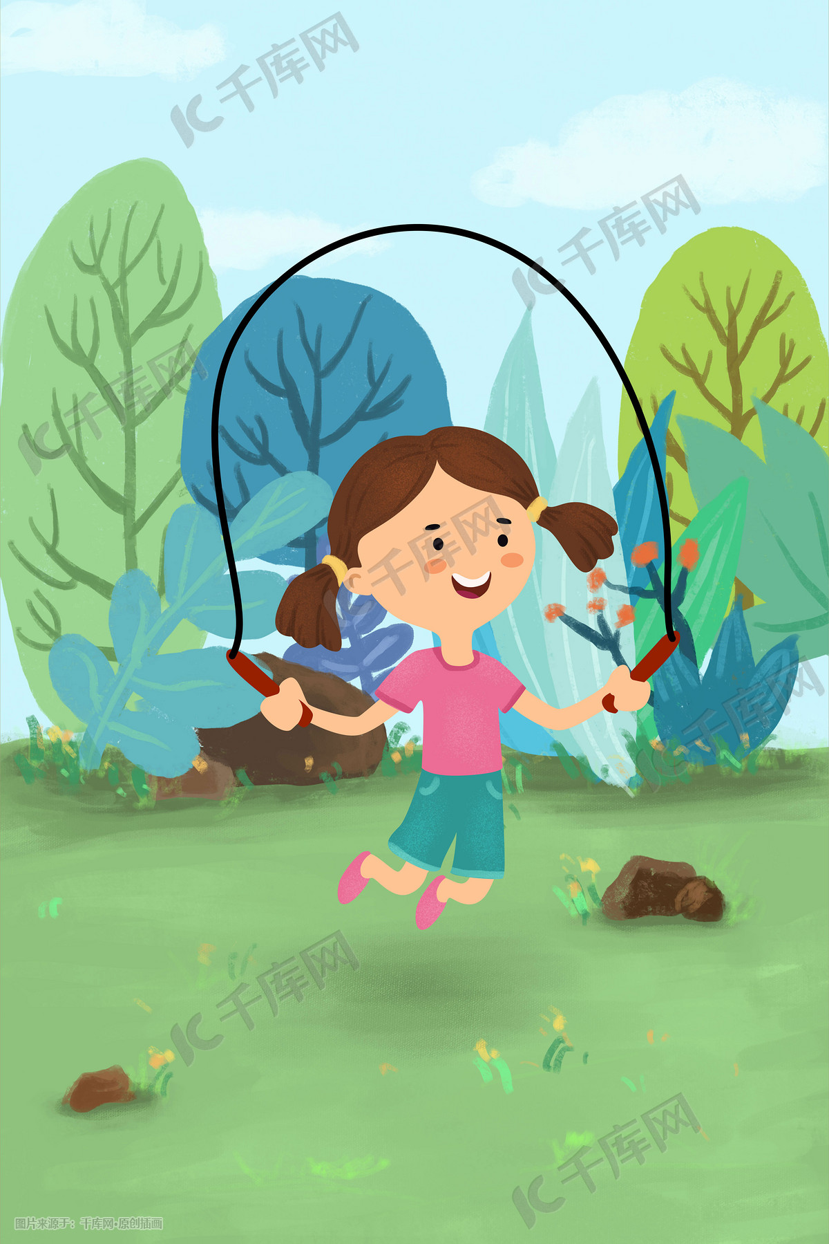 卡通小孩玩跳绳插画图片素材_ID:422030025-Veer图库