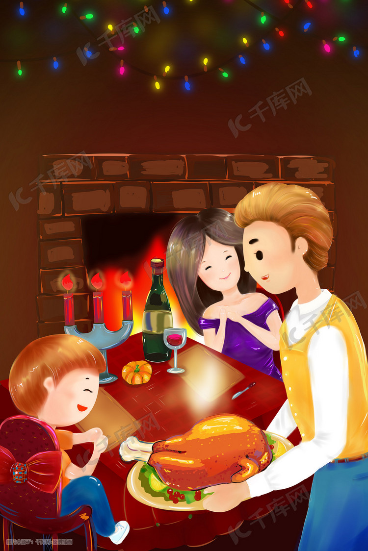 感恩节一家人吃火鸡聚餐插画