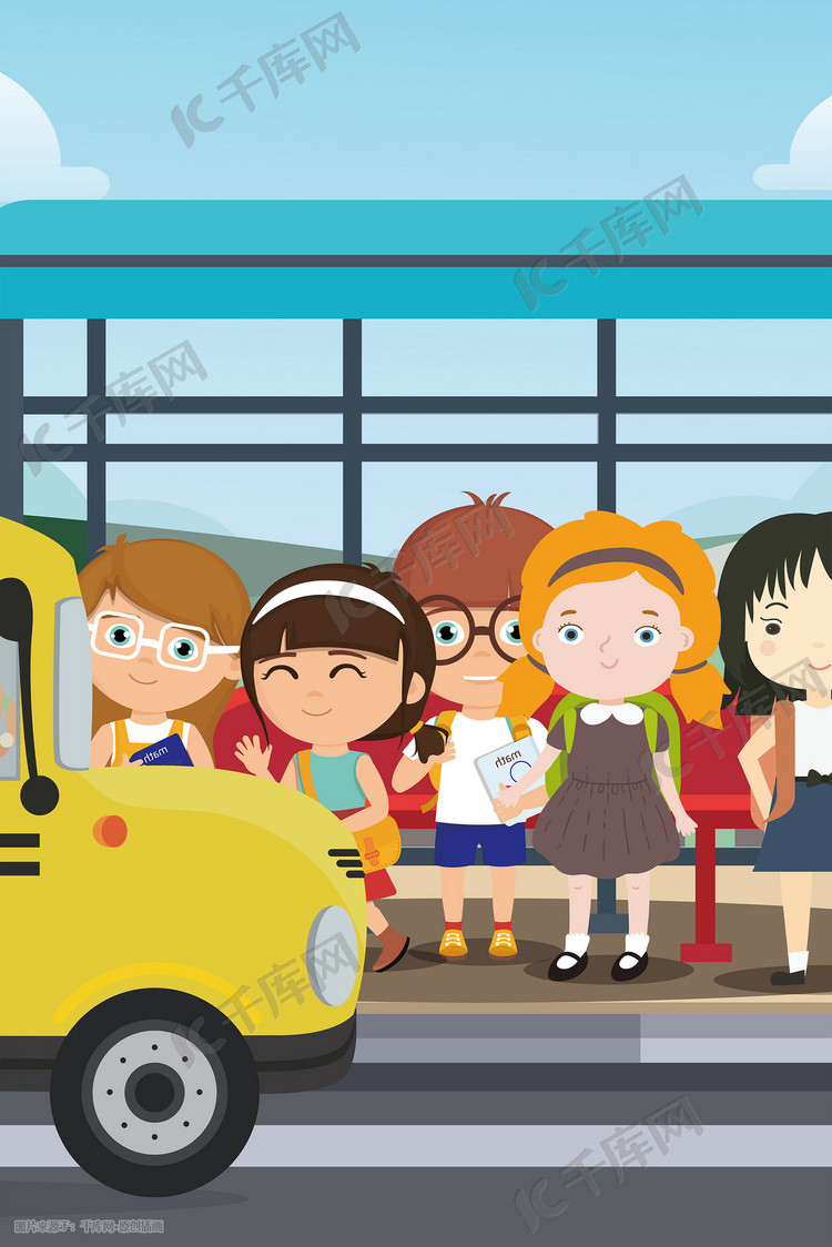 清新可爱孩子们上学路上等校车插画