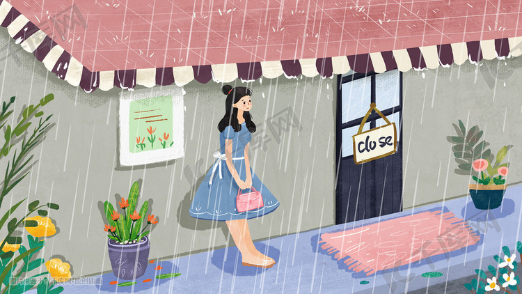 女孩下雨天在花店门口躲雨