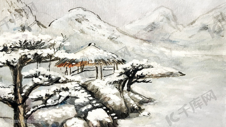 四季水墨风景山水雪景手绘插画